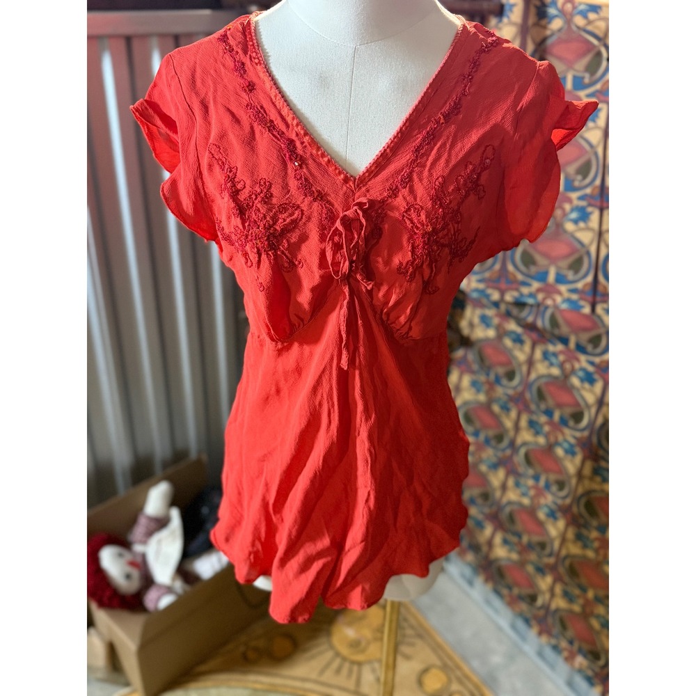 Faded Glory Red Embroidered Beaded Tie Front Boho Blouse Short Sleeve Womens M